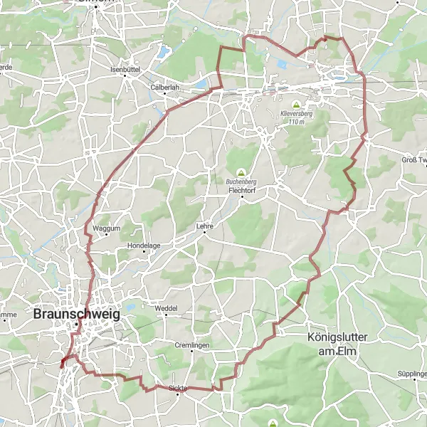 Map miniature of "Gravel road adventure with castles and historic sites" cycling inspiration in Braunschweig, Germany. Generated by Tarmacs.app cycling route planner