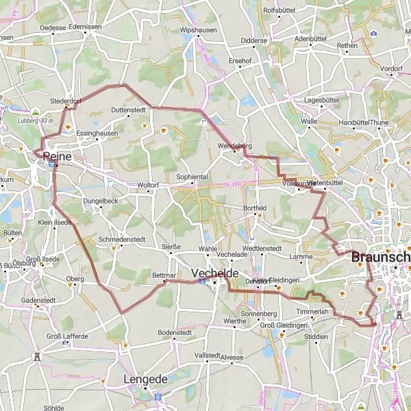 Map miniature of "The Vechelde Gravel Adventure" cycling inspiration in Braunschweig, Germany. Generated by Tarmacs.app cycling route planner