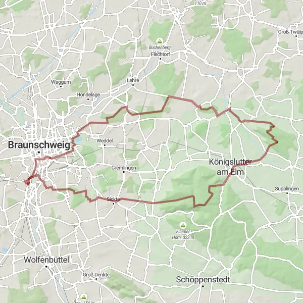 Map miniature of "The Nußberg Gravel Loop" cycling inspiration in Braunschweig, Germany. Generated by Tarmacs.app cycling route planner