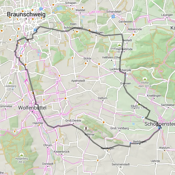 Map miniature of "Picturesque route through tranquil landscapes" cycling inspiration in Braunschweig, Germany. Generated by Tarmacs.app cycling route planner