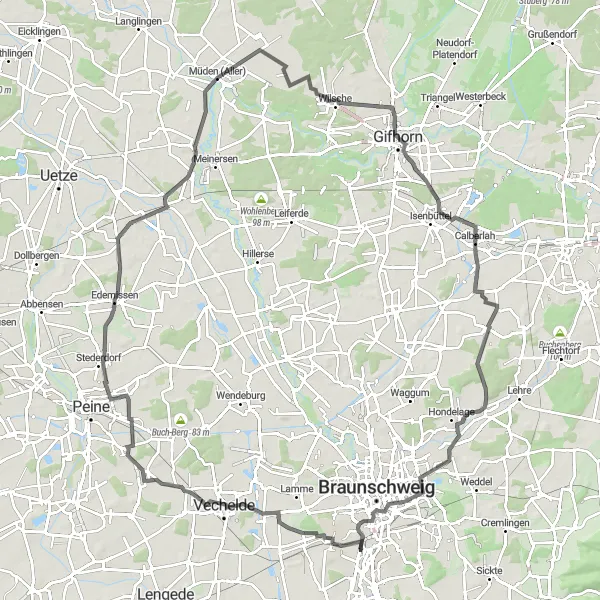 Map miniature of "The Vechelde Road Loop" cycling inspiration in Braunschweig, Germany. Generated by Tarmacs.app cycling route planner