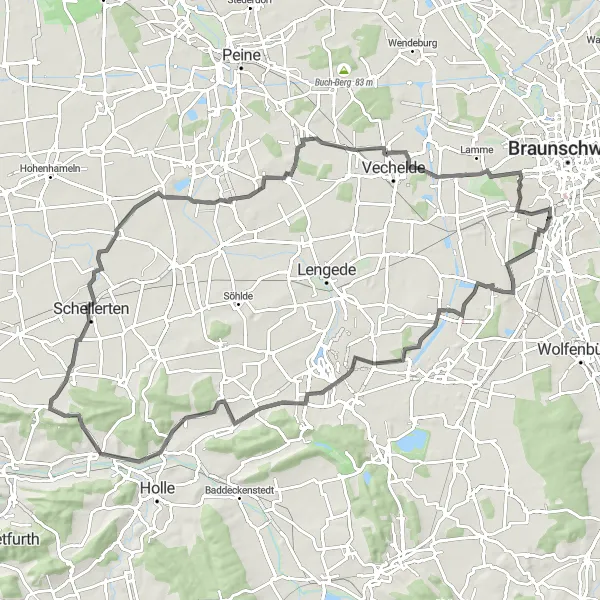 Map miniature of "The Geitelder Berg Road Loop" cycling inspiration in Braunschweig, Germany. Generated by Tarmacs.app cycling route planner