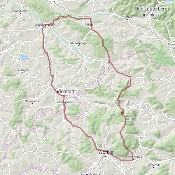 Map miniature of "Pöhlde Adventure" cycling inspiration in Braunschweig, Germany. Generated by Tarmacs.app cycling route planner