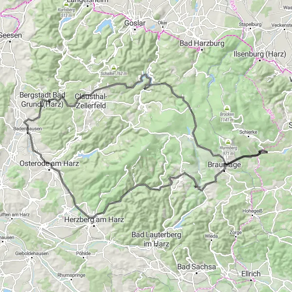 Map miniature of "Harz Mountains Road Cycling Adventure" cycling inspiration in Braunschweig, Germany. Generated by Tarmacs.app cycling route planner