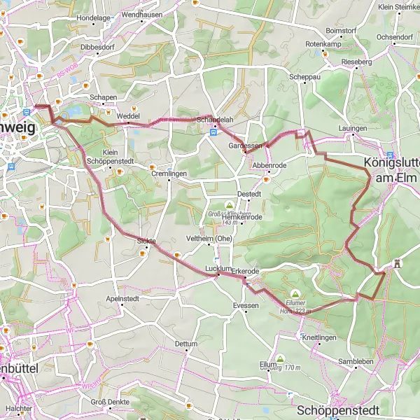 Map miniature of "Gravel Adventure through Nature's Paradise" cycling inspiration in Braunschweig, Germany. Generated by Tarmacs.app cycling route planner