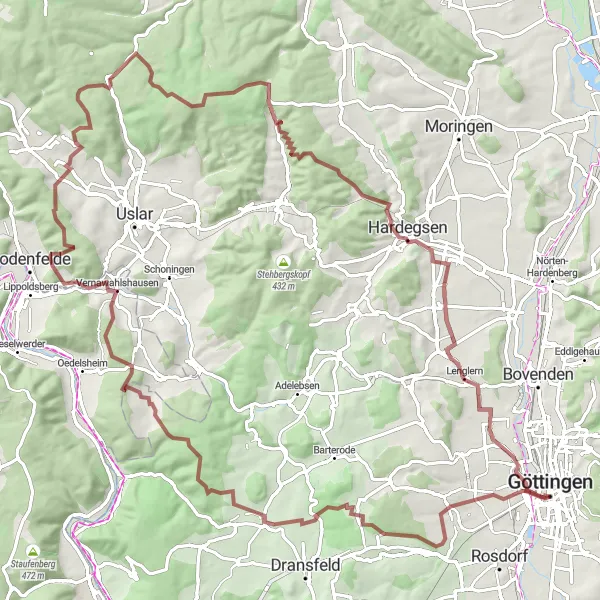 Karten-Miniaturansicht der Radinspiration "Die Göttingen-Heimatblick Gravelroute" in Braunschweig, Germany. Erstellt vom Tarmacs.app-Routenplaner für Radtouren