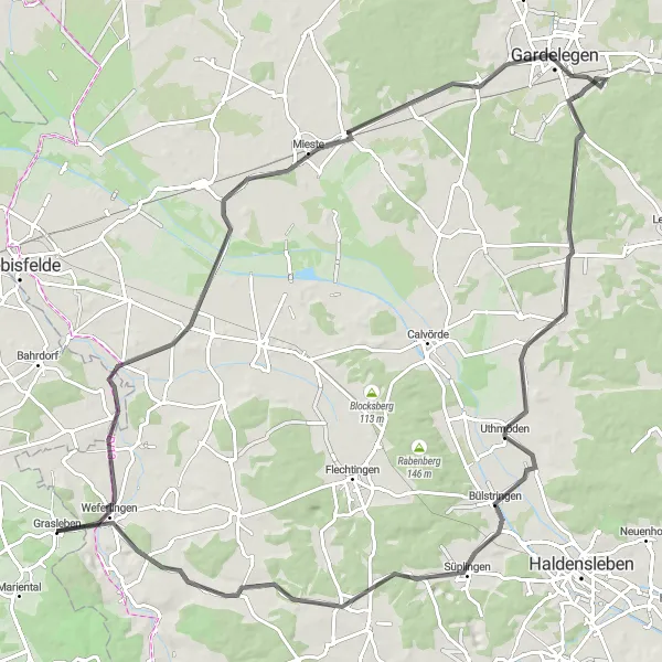 Map miniature of "Miesterhorst Klüden Circuit" cycling inspiration in Braunschweig, Germany. Generated by Tarmacs.app cycling route planner
