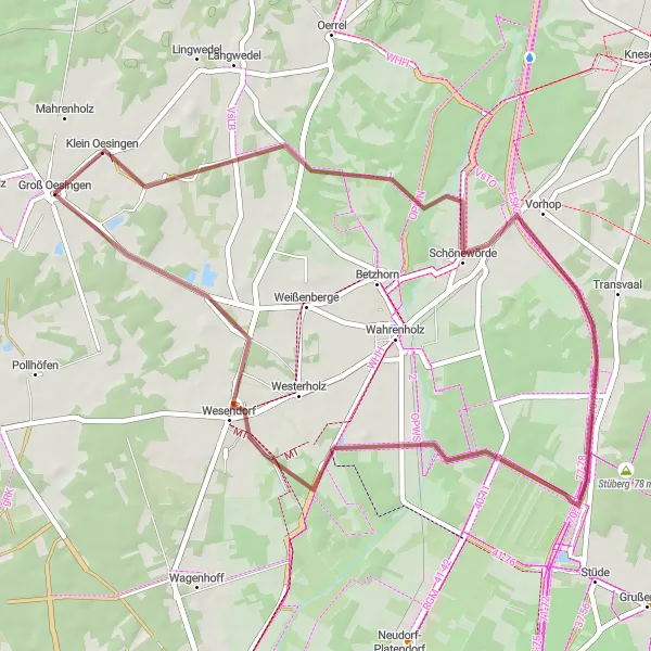 Map miniature of "Scenic Gravel Route through Wesendorf" cycling inspiration in Braunschweig, Germany. Generated by Tarmacs.app cycling route planner