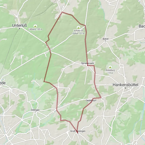 Map miniature of "Picturesque Gravel Route through Dedelstorf" cycling inspiration in Braunschweig, Germany. Generated by Tarmacs.app cycling route planner