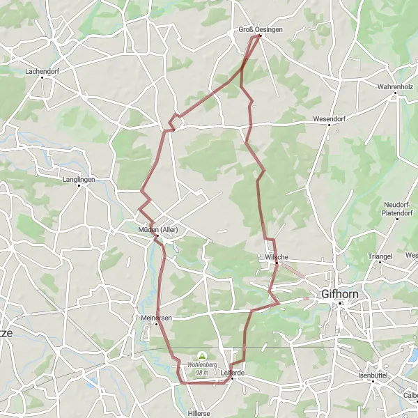 Map miniature of "Gravel Adventure near Groß Oesingen" cycling inspiration in Braunschweig, Germany. Generated by Tarmacs.app cycling route planner