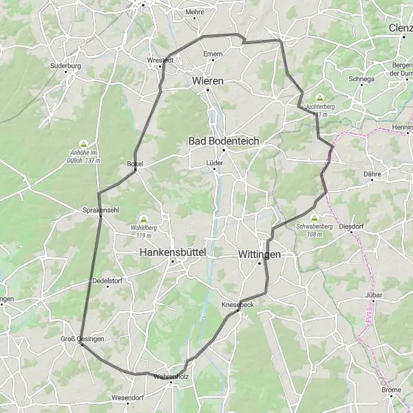 Map miniature of "Wrestedt Road Adventure" cycling inspiration in Braunschweig, Germany. Generated by Tarmacs.app cycling route planner