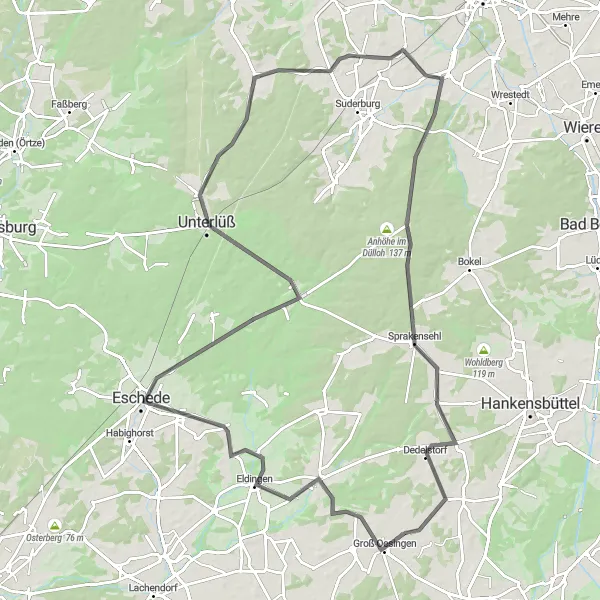Map miniature of "Eschede Road Circuit" cycling inspiration in Braunschweig, Germany. Generated by Tarmacs.app cycling route planner