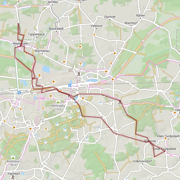 Map miniature of "Discover Wolfsburg and Weyhausen on a gravel trail" cycling inspiration in Braunschweig, Germany. Generated by Tarmacs.app cycling route planner