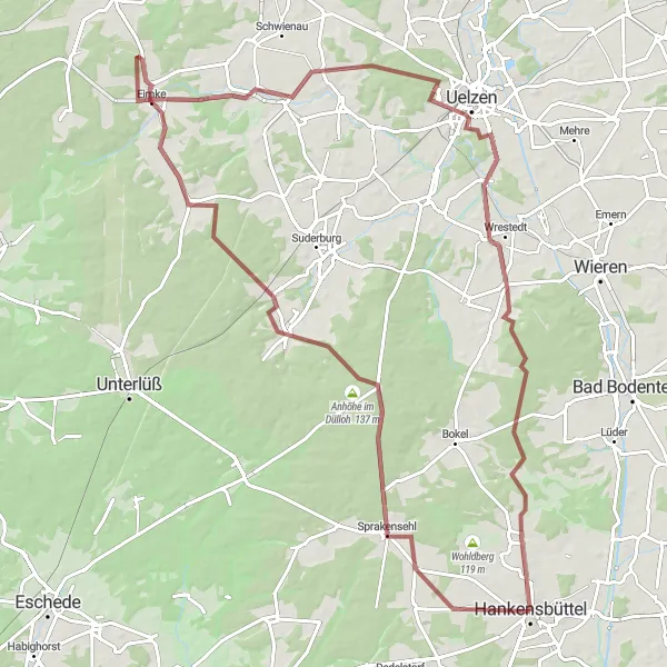 Karten-Miniaturansicht der Radinspiration "Abenteuerliche Gravelroute ab Hankensbüttel" in Braunschweig, Germany. Erstellt vom Tarmacs.app-Routenplaner für Radtouren