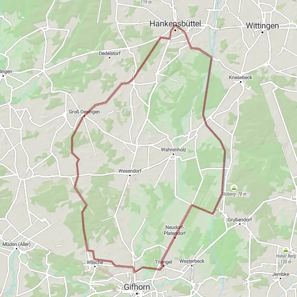 Map miniature of "Discover Isenhagen and Groß Oesingen Gravel Loop" cycling inspiration in Braunschweig, Germany. Generated by Tarmacs.app cycling route planner