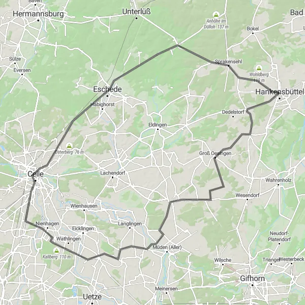 Map miniature of "Road Cycling Expedition to Sprakensehl" cycling inspiration in Braunschweig, Germany. Generated by Tarmacs.app cycling route planner