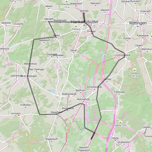 Map miniature of "Road Cycling Adventure to Dedelstorf" cycling inspiration in Braunschweig, Germany. Generated by Tarmacs.app cycling route planner