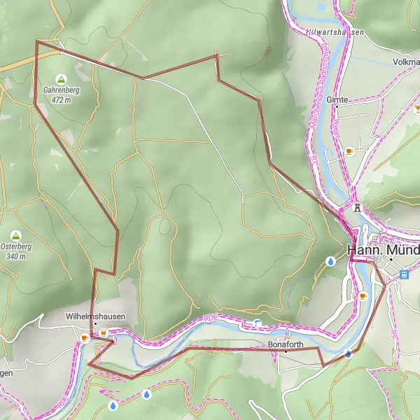 Map miniature of "Gravel Route to Wilhelmshausen, Gahrenberg, and Questenberg" cycling inspiration in Braunschweig, Germany. Generated by Tarmacs.app cycling route planner