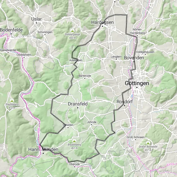Map miniature of "Road Route to Questenberg, Bühren, and Hopfenberg" cycling inspiration in Braunschweig, Germany. Generated by Tarmacs.app cycling route planner