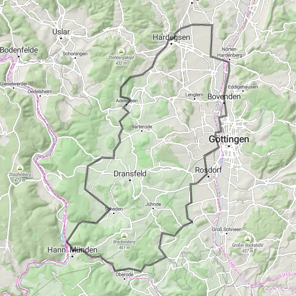 Karten-Miniaturansicht der Radinspiration "Hann. Münden - Adelebsen - Hann. Münden" in Braunschweig, Germany. Erstellt vom Tarmacs.app-Routenplaner für Radtouren