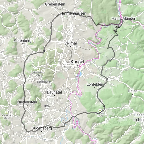 Karten-Miniaturansicht der Radinspiration "Fahrradrundweg durch Vollmarshausen und Gudensberg" in Braunschweig, Germany. Erstellt vom Tarmacs.app-Routenplaner für Radtouren