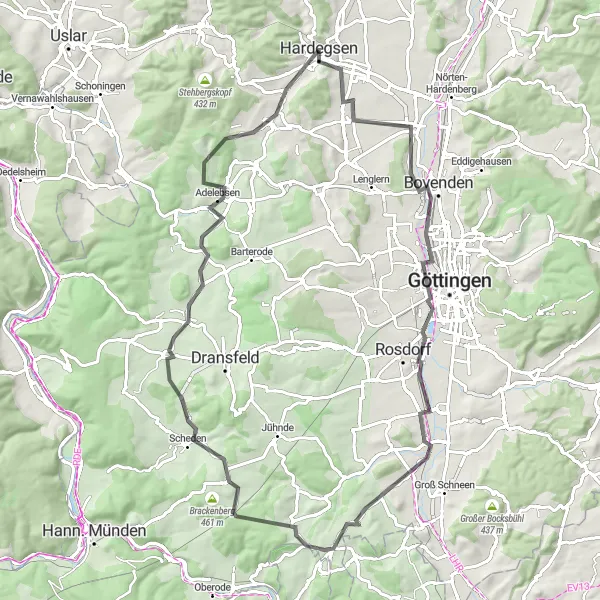 Map miniature of "Scenic Road Cycling around Hardegsen" cycling inspiration in Braunschweig, Germany. Generated by Tarmacs.app cycling route planner