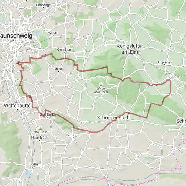 Map miniature of "Ohe Valley Gravel Loop" cycling inspiration in Braunschweig, Germany. Generated by Tarmacs.app cycling route planner