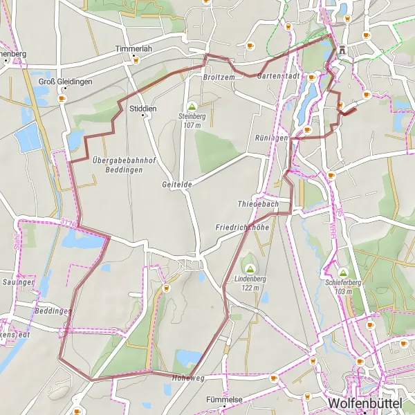 Karten-Miniaturansicht der Radinspiration "Radtour um Rüningen" in Braunschweig, Germany. Erstellt vom Tarmacs.app-Routenplaner für Radtouren