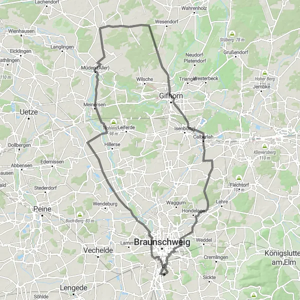 Map miniature of "Grand Road Ride through the Countryside" cycling inspiration in Braunschweig, Germany. Generated by Tarmacs.app cycling route planner