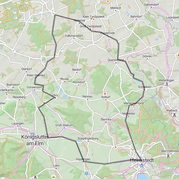 Karten-Miniaturansicht der Radinspiration "Road-Tour um Helmstedt" in Braunschweig, Germany. Erstellt vom Tarmacs.app-Routenplaner für Radtouren