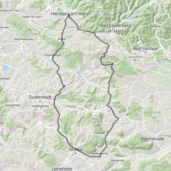 Karten-Miniaturansicht der Radinspiration "Gemütliche Fahrradtour durch das Eichsfeld" in Braunschweig, Germany. Erstellt vom Tarmacs.app-Routenplaner für Radtouren