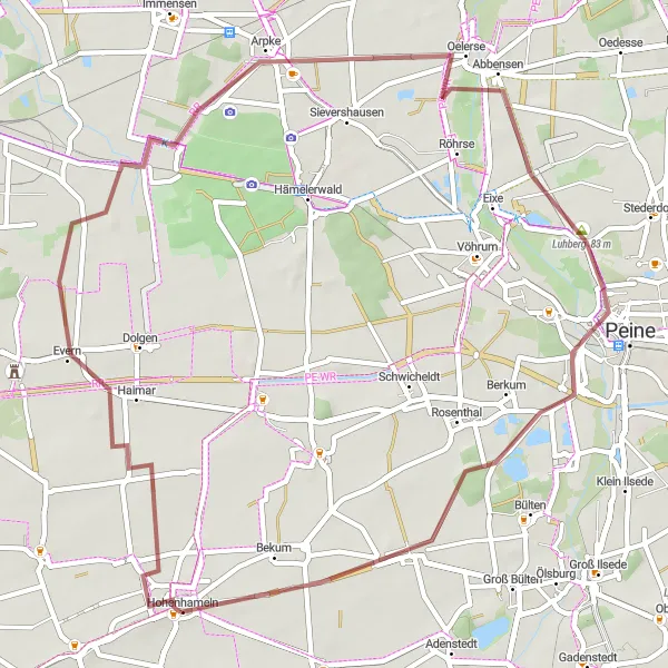 Karten-Miniaturansicht der Radinspiration "Tour durch Evern, Oelerse und Peine" in Braunschweig, Germany. Erstellt vom Tarmacs.app-Routenplaner für Radtouren