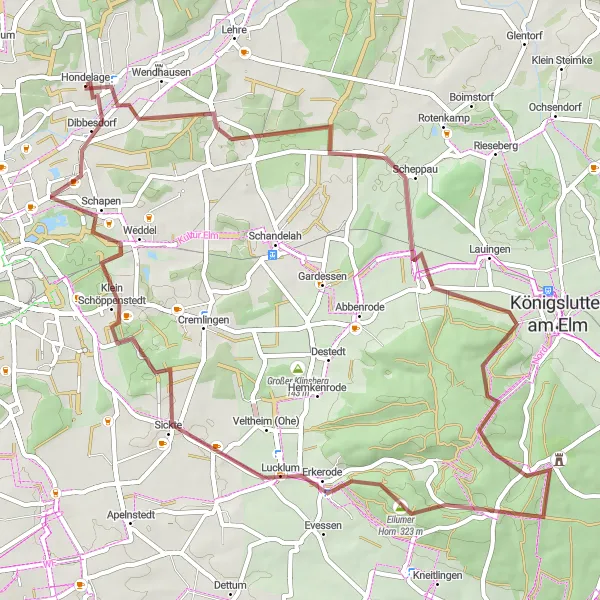 Map miniature of "Through Hondelage and the Eilumer Horn" cycling inspiration in Braunschweig, Germany. Generated by Tarmacs.app cycling route planner