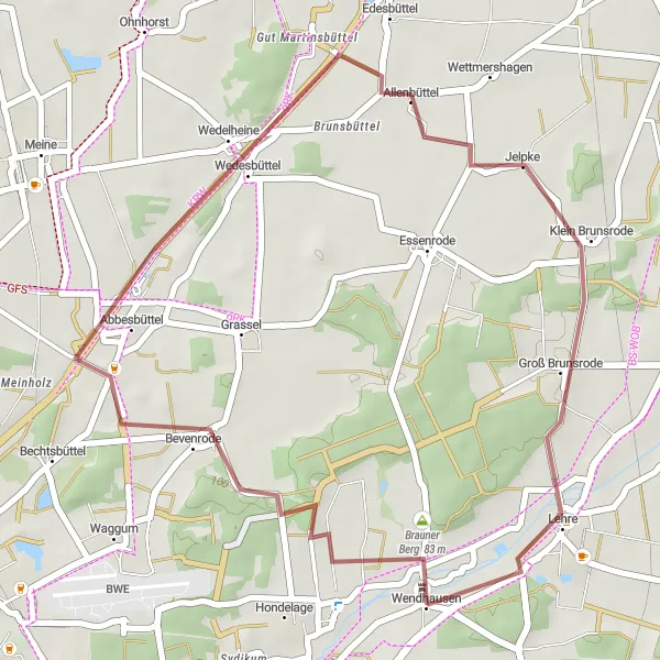Map miniature of "Brauner Berg and Lehre Gravel Adventure" cycling inspiration in Braunschweig, Germany. Generated by Tarmacs.app cycling route planner