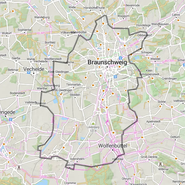 Karten-Miniaturansicht der Radinspiration "Erlebnisreicher Rundkurs durch Veltenhof und Schlossberg" in Braunschweig, Germany. Erstellt vom Tarmacs.app-Routenplaner für Radtouren