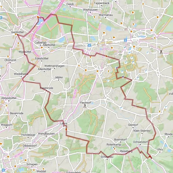 Map miniature of "Fallersleben and Rieseberg Gravel Adventure" cycling inspiration in Braunschweig, Germany. Generated by Tarmacs.app cycling route planner