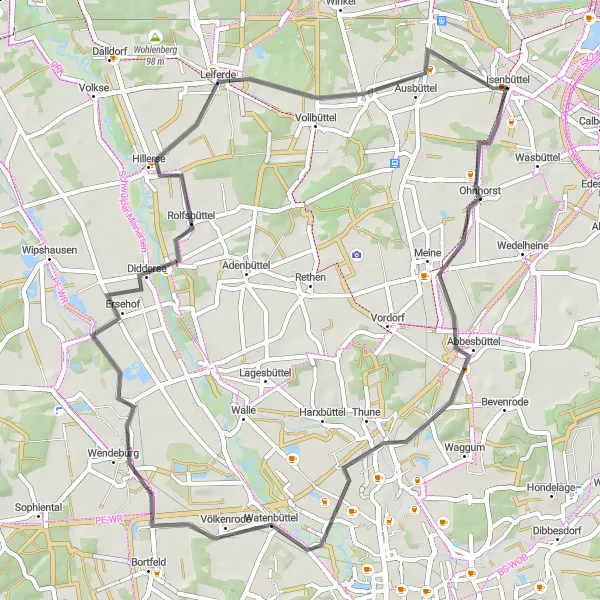 Karten-Miniaturansicht der Radinspiration "Erlebe die natürliche Vielfalt auf der Straßenroute um Isenbüttel" in Braunschweig, Germany. Erstellt vom Tarmacs.app-Routenplaner für Radtouren