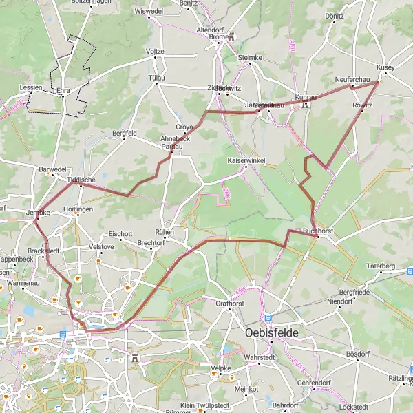 Map miniature of "The Countryside Adventure" cycling inspiration in Braunschweig, Germany. Generated by Tarmacs.app cycling route planner