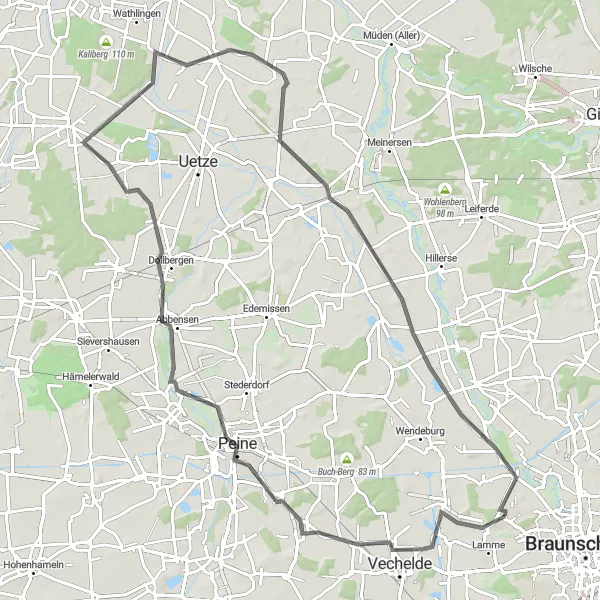 Map miniature of "Blumendorf Route" cycling inspiration in Braunschweig, Germany. Generated by Tarmacs.app cycling route planner