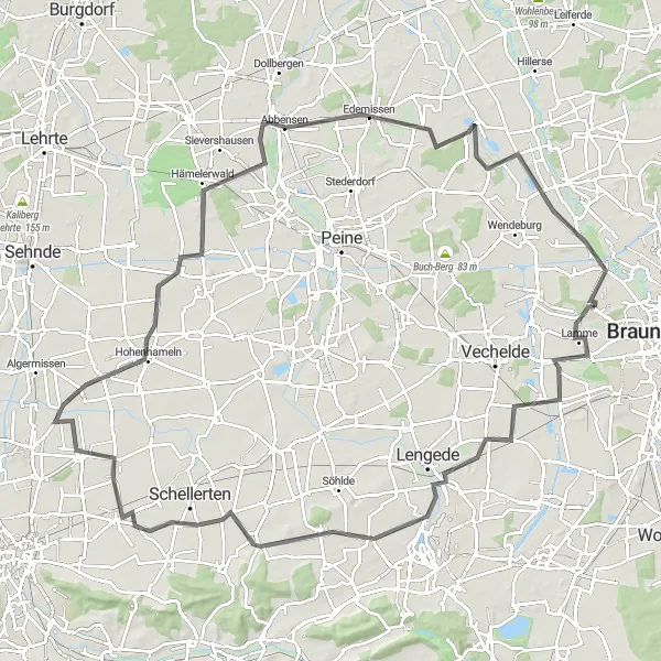 Map miniature of "Road Adventure to Kanzlerfeld through Hohenhameln" cycling inspiration in Braunschweig, Germany. Generated by Tarmacs.app cycling route planner