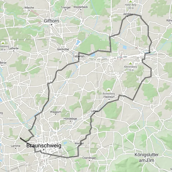 Map miniature of "Road Explorer to Meine and Brunswick" cycling inspiration in Braunschweig, Germany. Generated by Tarmacs.app cycling route planner