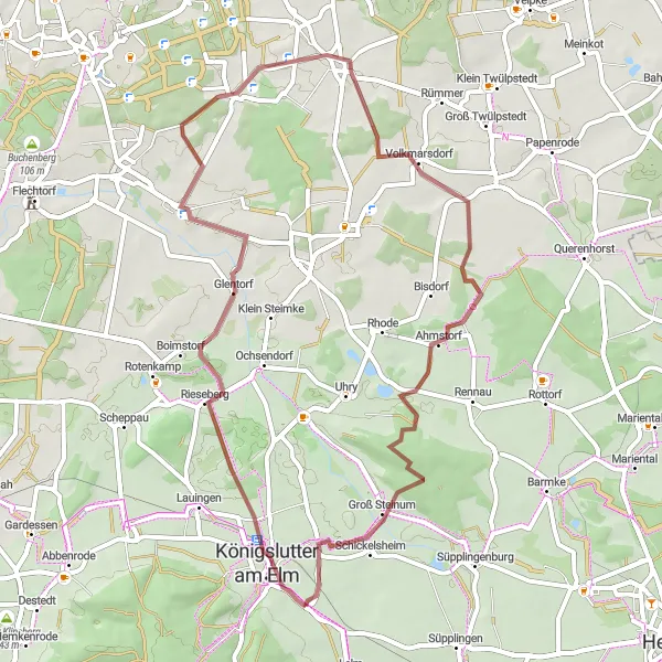 Map miniature of "Elm Gravel Escape" cycling inspiration in Braunschweig, Germany. Generated by Tarmacs.app cycling route planner