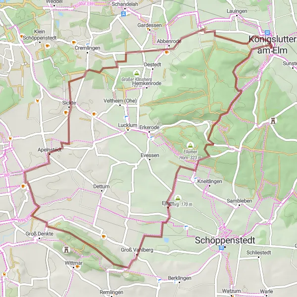 Karten-Miniaturansicht der Radinspiration "Abenteuerliche Gravel-Tour durch den Elm und seine Umgebung" in Braunschweig, Germany. Erstellt vom Tarmacs.app-Routenplaner für Radtouren