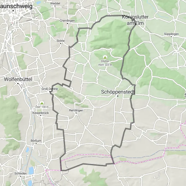 Map miniature of "The Rolling Hills of Königslutter" cycling inspiration in Braunschweig, Germany. Generated by Tarmacs.app cycling route planner