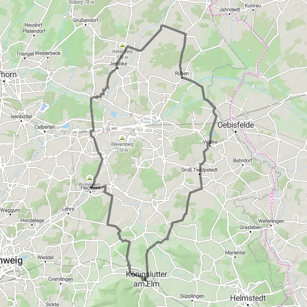 Map miniature of "Elm and Geopark Loop" cycling inspiration in Braunschweig, Germany. Generated by Tarmacs.app cycling route planner