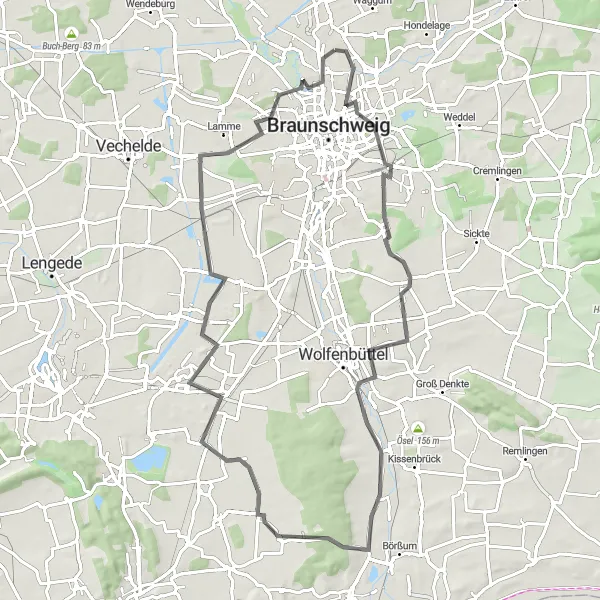 Karten-Miniaturansicht der Radinspiration "Nußberg-Rühme Road Cycling Tour" in Braunschweig, Germany. Erstellt vom Tarmacs.app-Routenplaner für Radtouren
