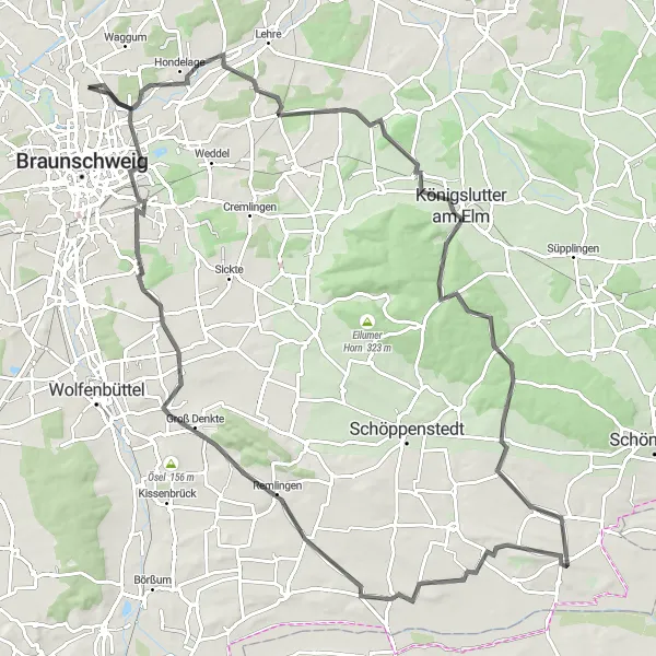 Map miniature of "Hondelage - Brauner Berg - Königslutter am Elm - Ingeleben - Roklum - Remlinger Herse - Wittmar - Salzdahlum - Nußberg Route" cycling inspiration in Braunschweig, Germany. Generated by Tarmacs.app cycling route planner