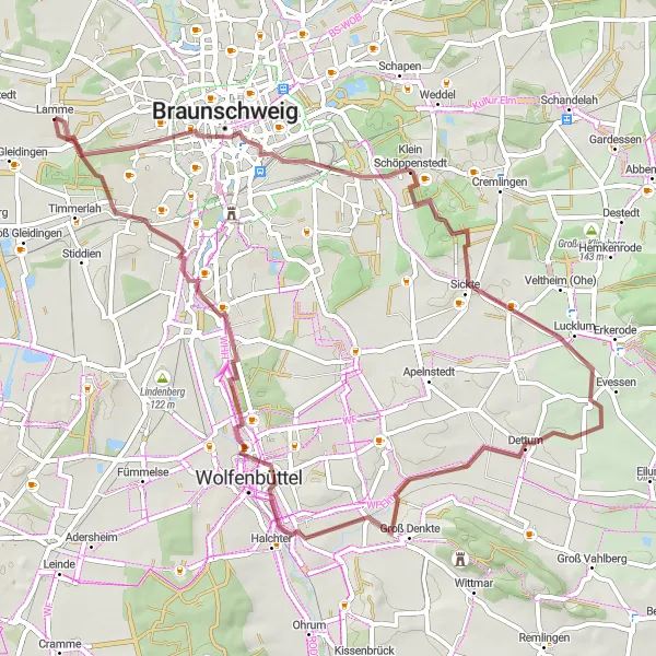 Karten-Miniaturansicht der Radinspiration "Abenteuerliche Gravel-Tour um Lamme" in Braunschweig, Germany. Erstellt vom Tarmacs.app-Routenplaner für Radtouren