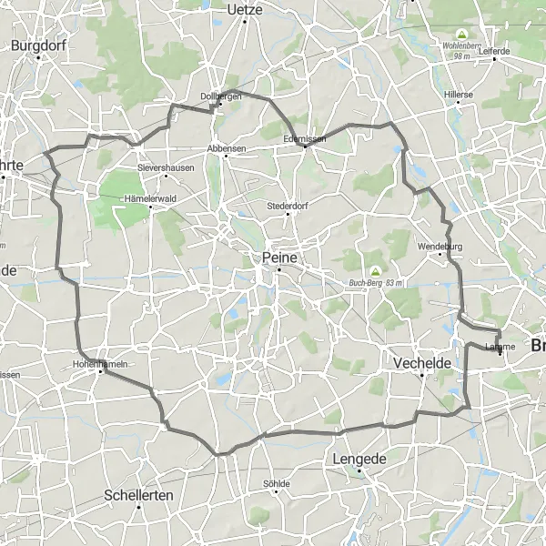 Karten-Miniaturansicht der Radinspiration "Road-Tour durch die Region Lamme" in Braunschweig, Germany. Erstellt vom Tarmacs.app-Routenplaner für Radtouren