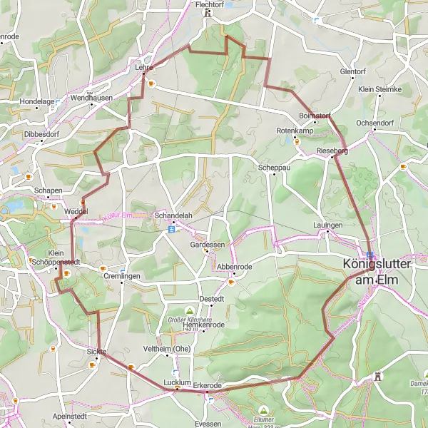 Map miniature of "Lehre to Essehof Gravel Route" cycling inspiration in Braunschweig, Germany. Generated by Tarmacs.app cycling route planner